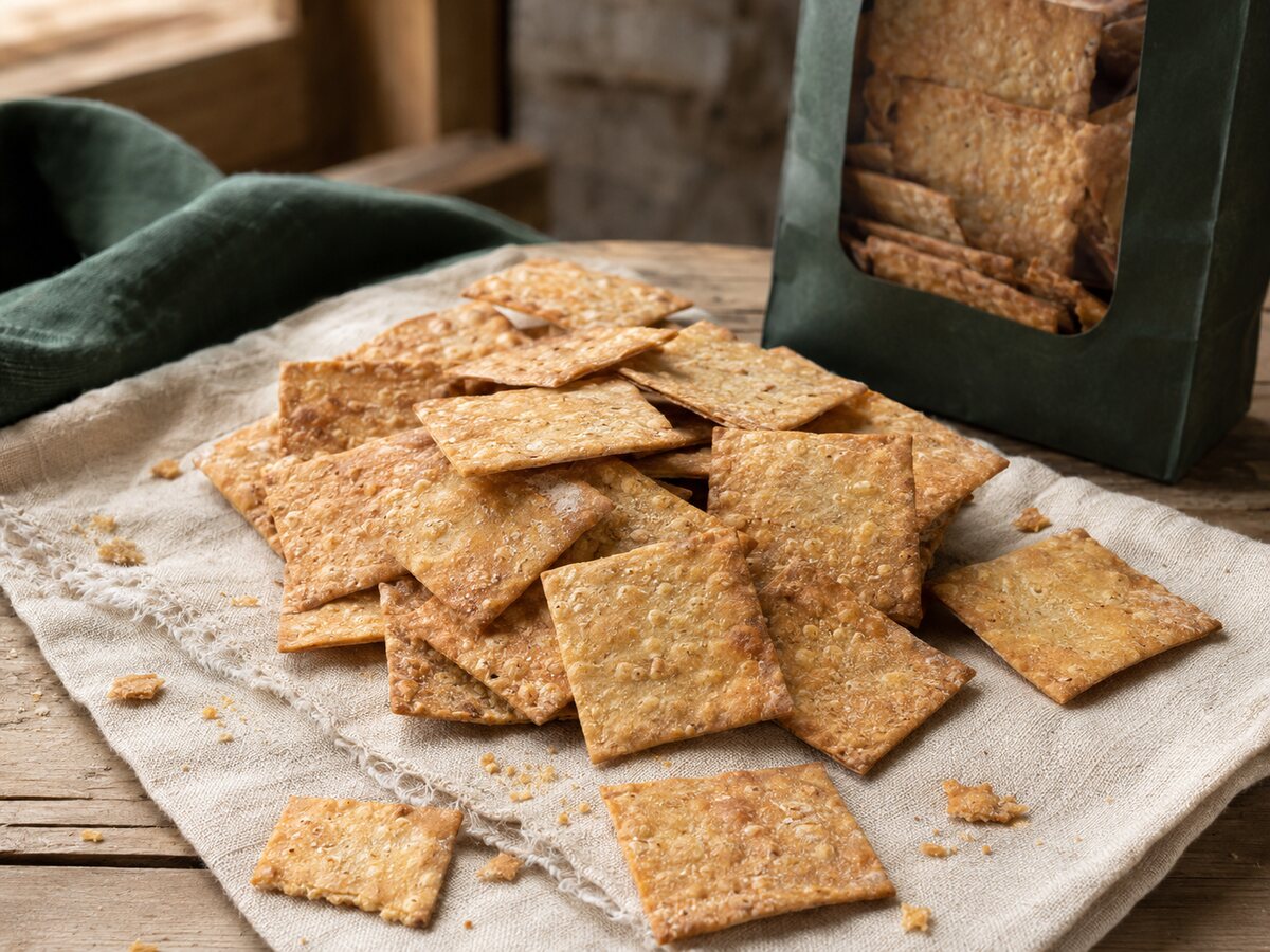 Handgebackene Bio Dinkelchips auf natürlichem Leinen