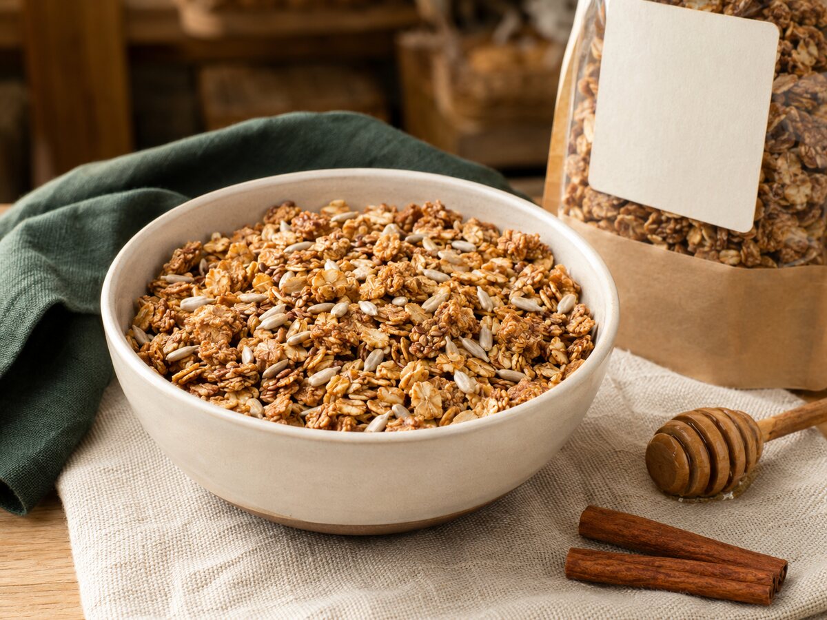 Knuspriges Bio Honig-Zimt-Müsli mit Zimtstangen und Honiglöffel