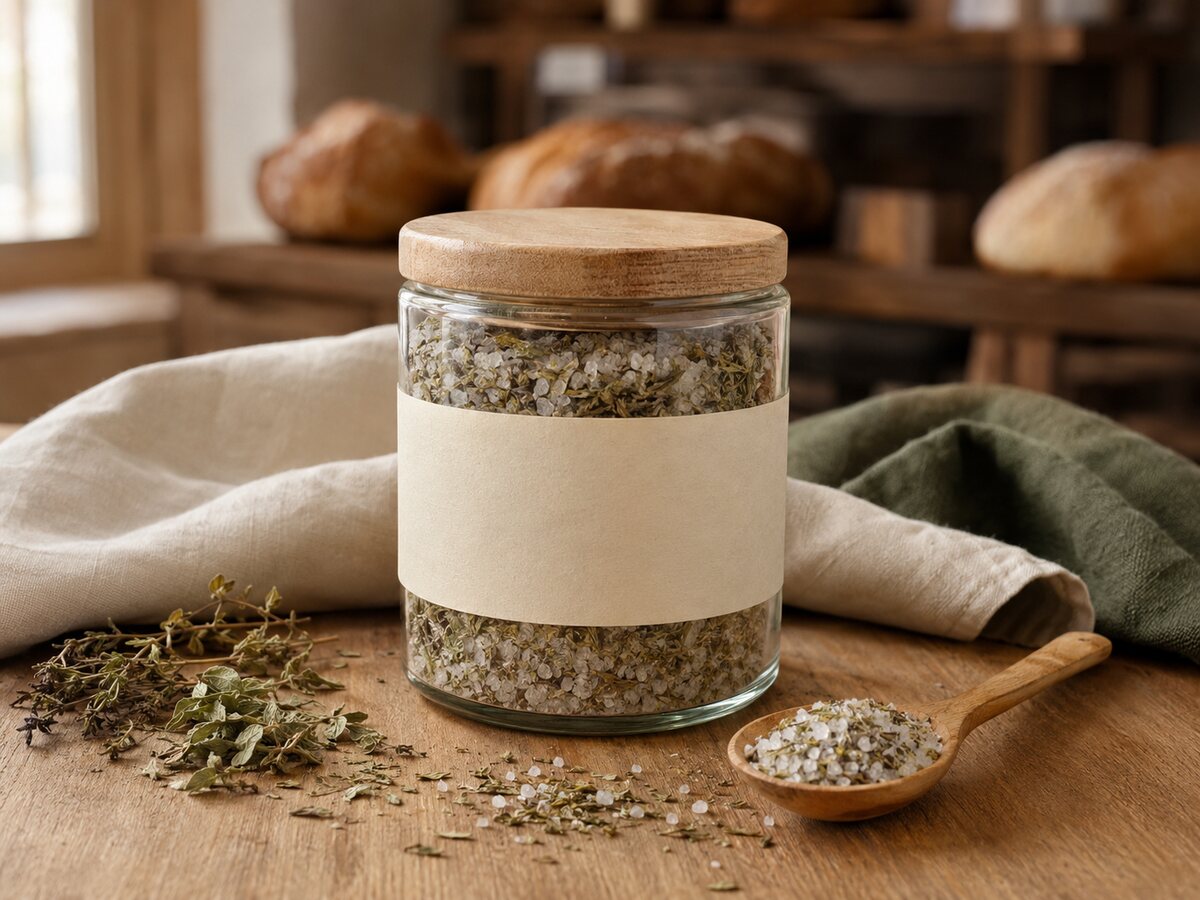 Bio Kräutersalz mit gerösteten Kräutern im Glas und auf einem Holzlöffel