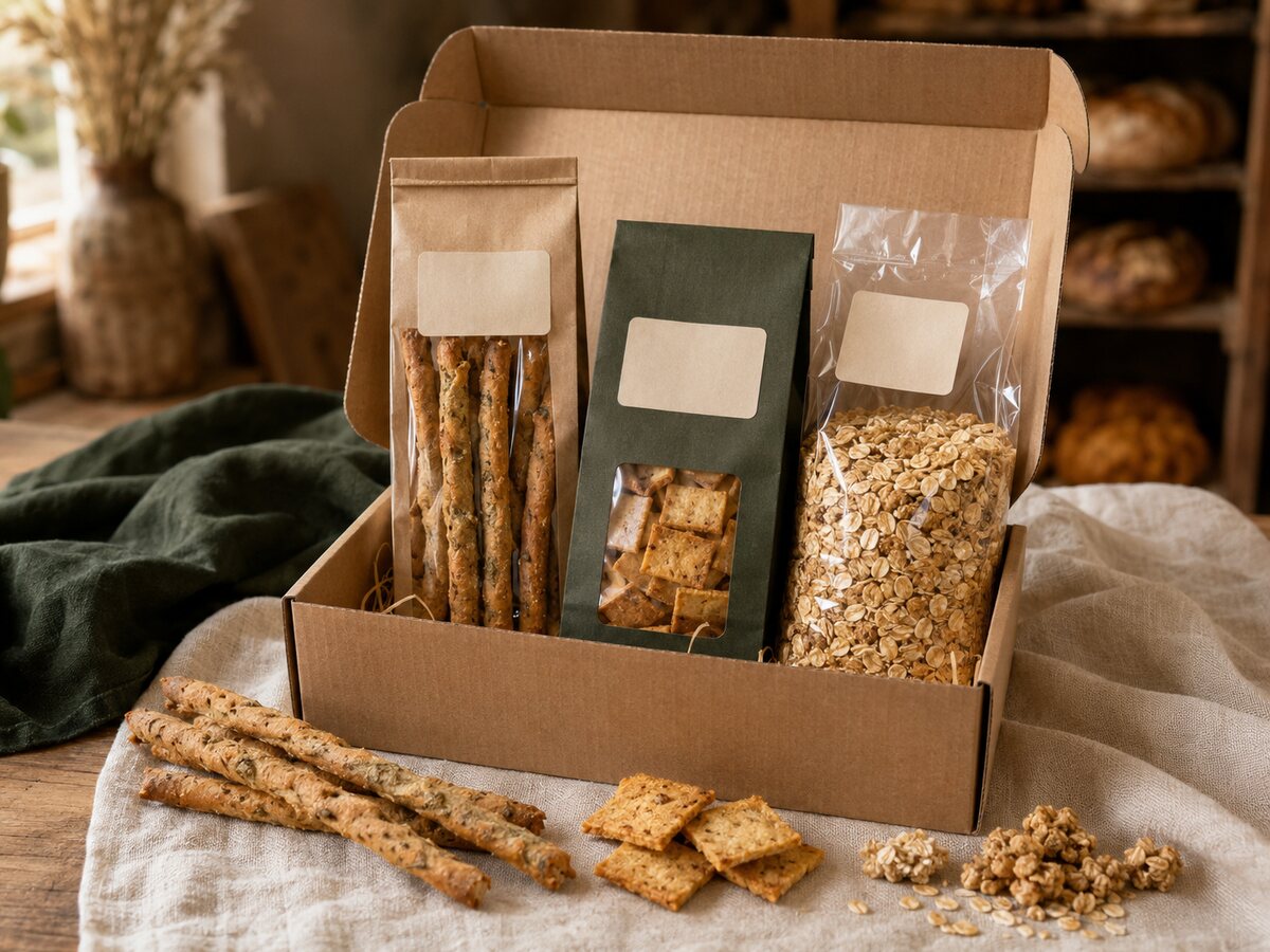 Probierbox mit Bierstangerln, quadratischen Dinkelchips und Müsli